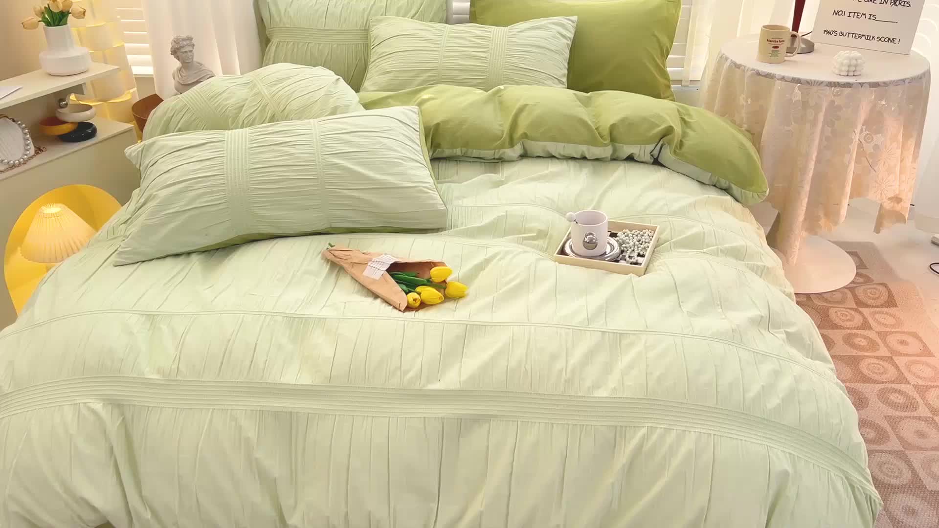 91家纺网 家纺一手货源 找家纺 娜娜 2022新款全棉泡泡纱四件套 泡泡纱-果绿