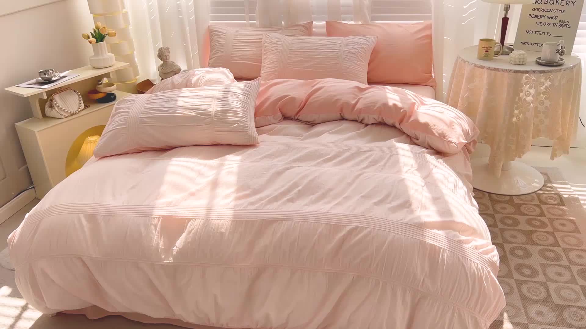 91家纺网 家纺一手货源 找家纺 娜娜 2022新款全棉泡泡纱四件套 泡泡纱-淡粉