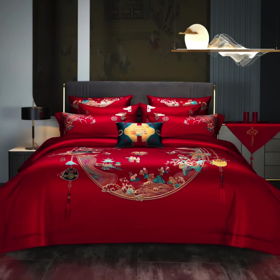 91家纺网 家纺一手货源 找家纺 （总）缔缦 2022新款秋冬婚庆长绒棉刺绣多件套代代相传