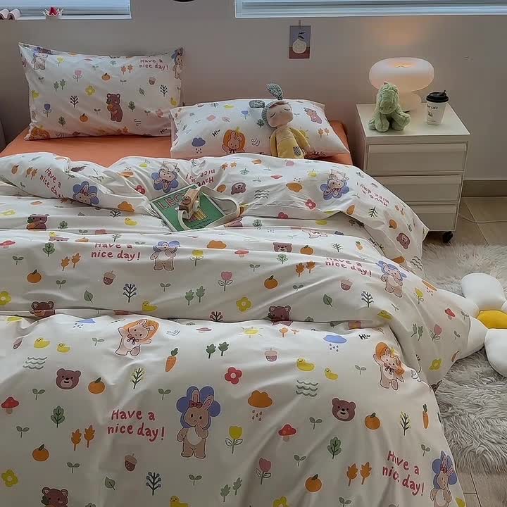 91家纺网 家纺一手货源 找家纺 怡家居 2022新款直播供货全棉卡通四件套 橙花趣