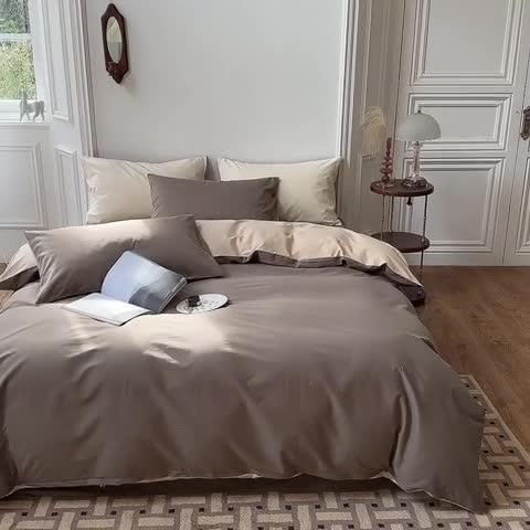 91家纺网 家纺一手货源 找家纺 怡家居 2022新款全棉100支磨毛四件套 暗咖-浅咖其