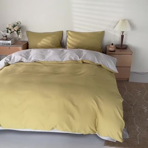 91家纺网 家纺一手货源 找家纺 怡家居 2022新款全棉100支磨毛四件套 暖黄浅灰