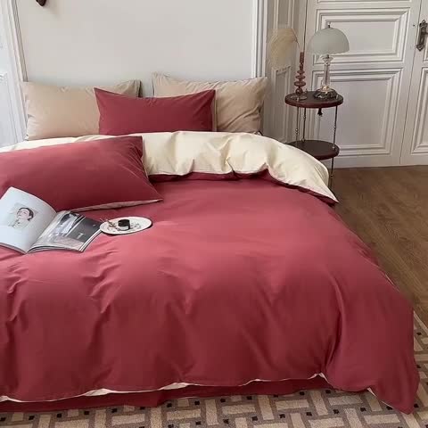 91家纺网 家纺一手货源 找家纺 怡家居 2022新款全棉100支磨毛四件套 砖红-奶玉