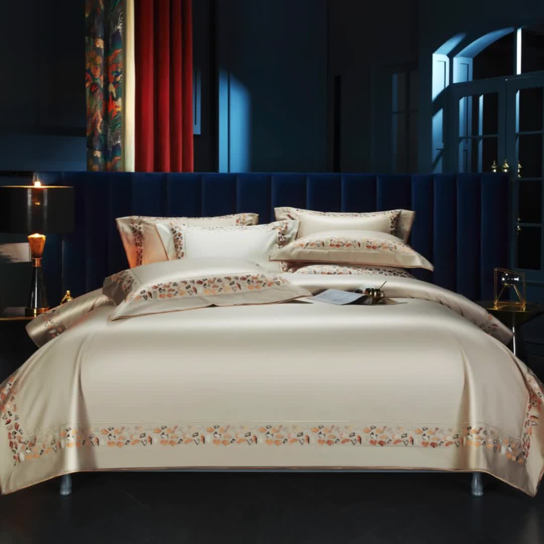 91家纺网 家纺一手货源 找家纺 缔缦 2023新款高端100s长绒棉刺绣四件套-寐 寐-卡其