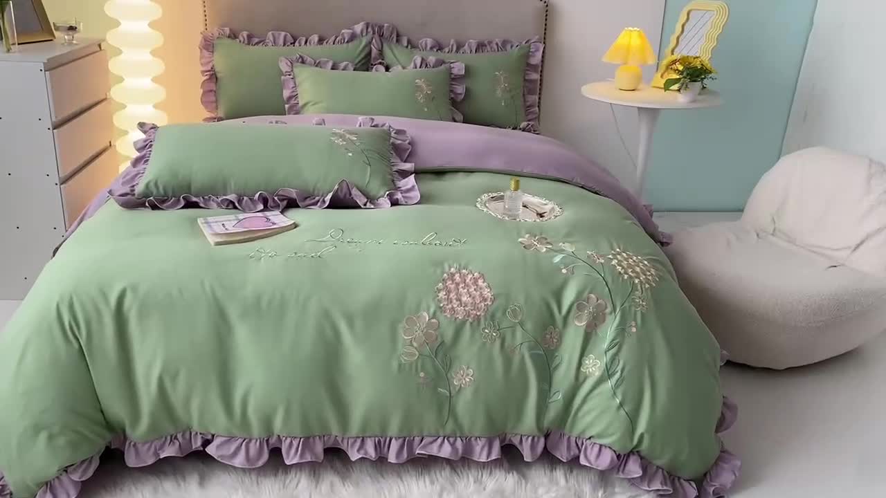 91家纺网 家纺一手货源 找家纺 富盛 2024新款水洗亲肤棉刺绣四件套公主风四件套 幸运花—绿