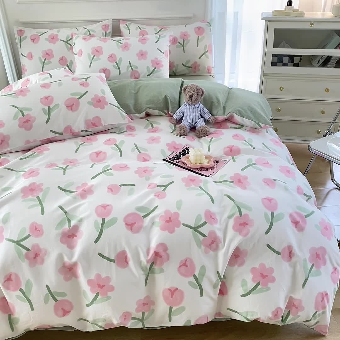 91家纺网 家纺一手货源 找家纺 星巴k家纺 2023全棉13372花卉印花简约四件套蜜茶花