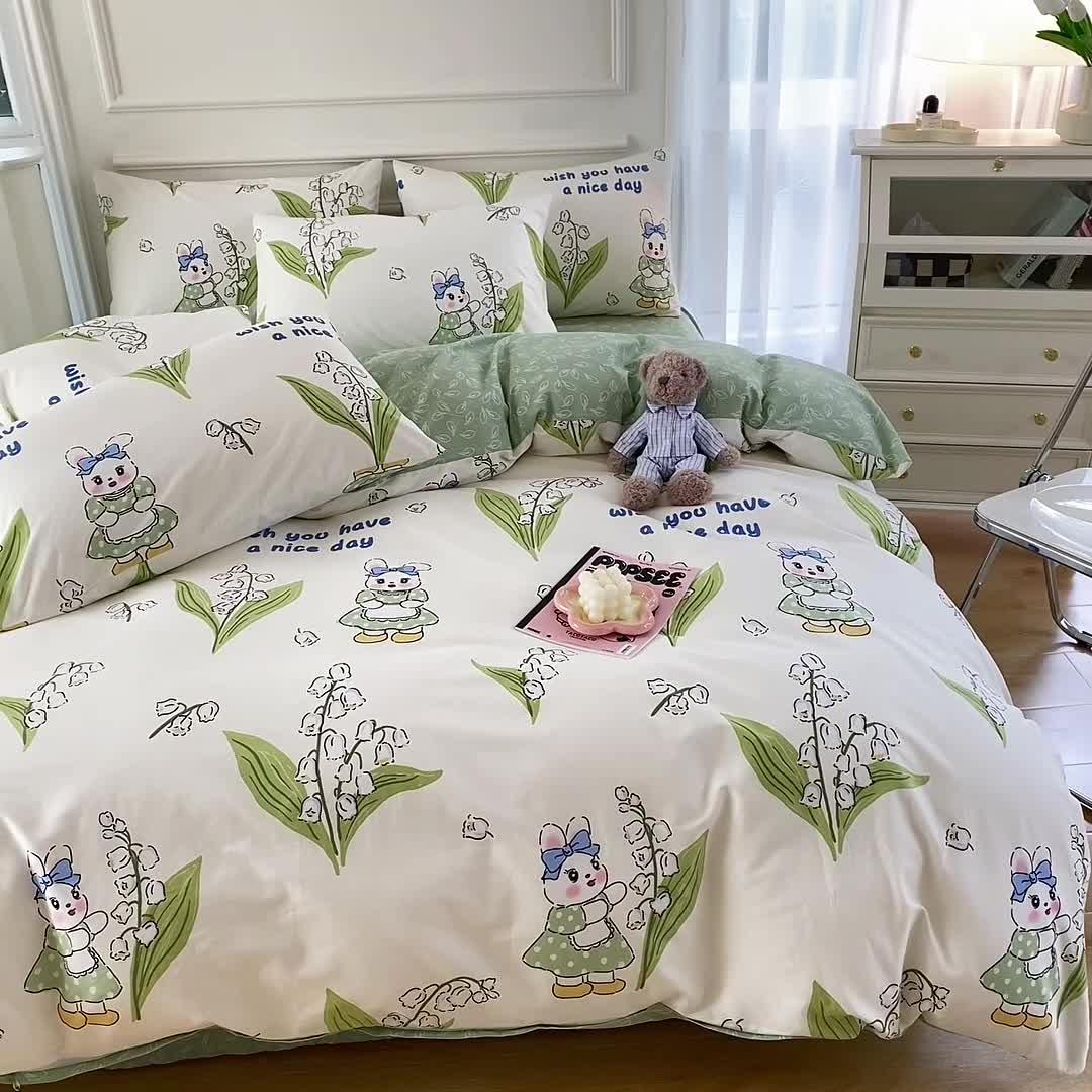 91家纺网 家纺一手货源 找家纺 星巴k家纺 2023全棉13372花卉印花简约四件套铃兰兔