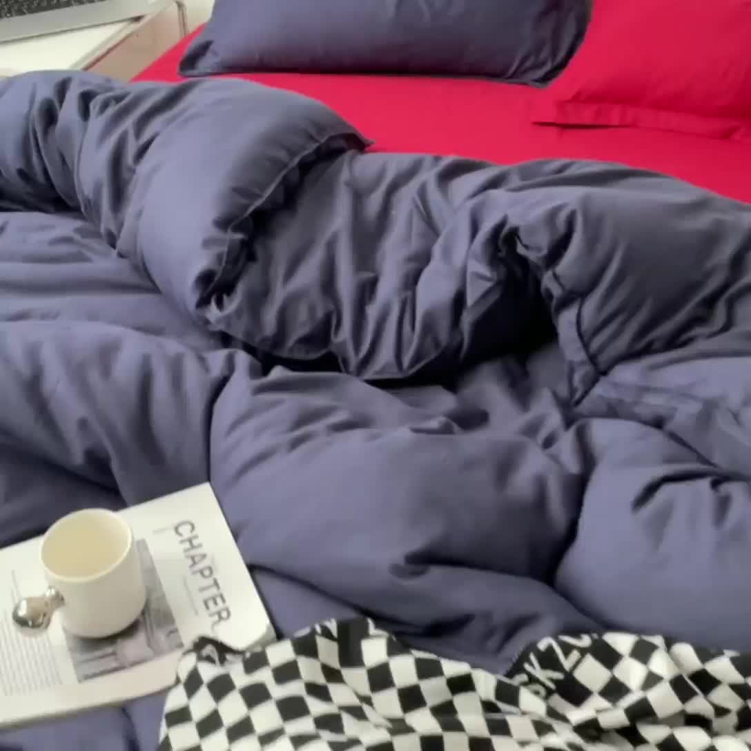 91家纺网 家纺一手货源 找家纺 贝拉梦 2023款亲肤棉纯色拼色治 愈系四件套 深空蓝+波尔多红