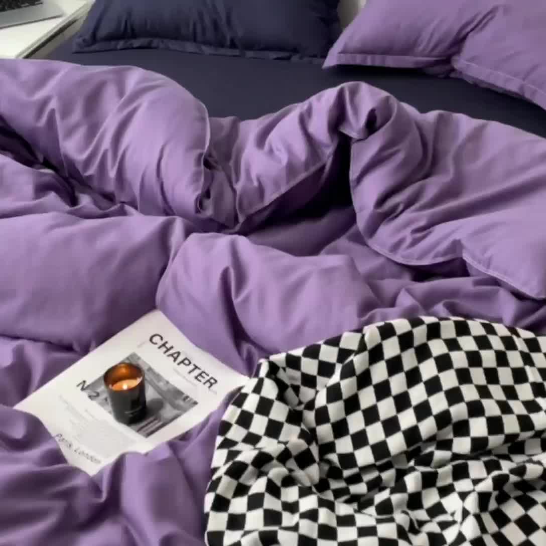 91家纺网 家纺一手货源 找家纺 贝拉梦 2023款亲肤棉纯色拼色治 愈系四件套 柔雾紫+深空蓝