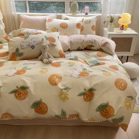 91家纺网 家纺一手货源 找家纺 金丝鸟 2023新款全棉小清新四件套 心想事橙