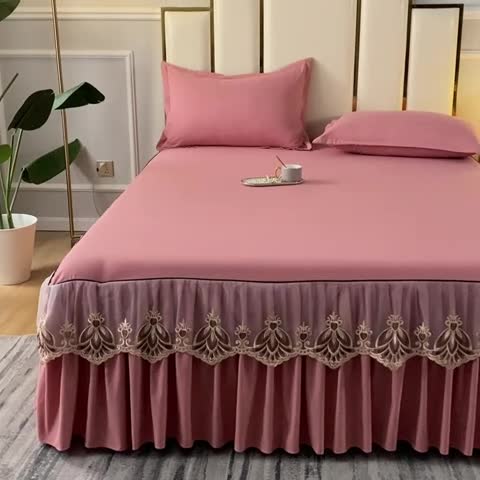 91家纺网 家纺一手货源 找家纺 笠裙家纺 2024新款原棉刺绣雅韵风情系列床裙 豆沙雅韵风情