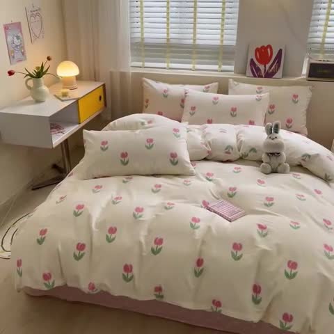 91家纺网 家纺一手货源 找家纺 小懒猪 2023新款春夏全棉小清新系列四件套 粉黛