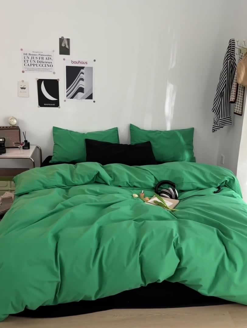 91家纺网 家纺一手货源 找家纺 艾沁 新款32支全棉水洗棉混搭四件套 深绿+黑