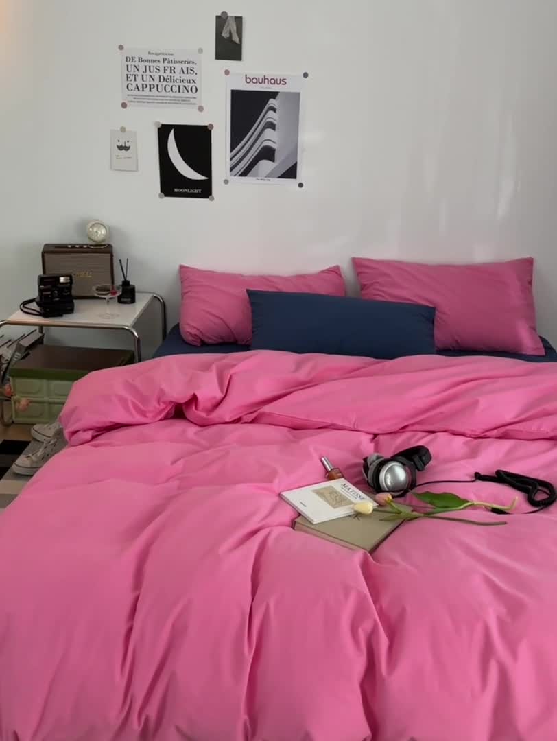 91家纺网 家纺一手货源 找家纺 艾沁 新款32支全棉水洗棉混搭四件套 蔷薇粉+深蓝