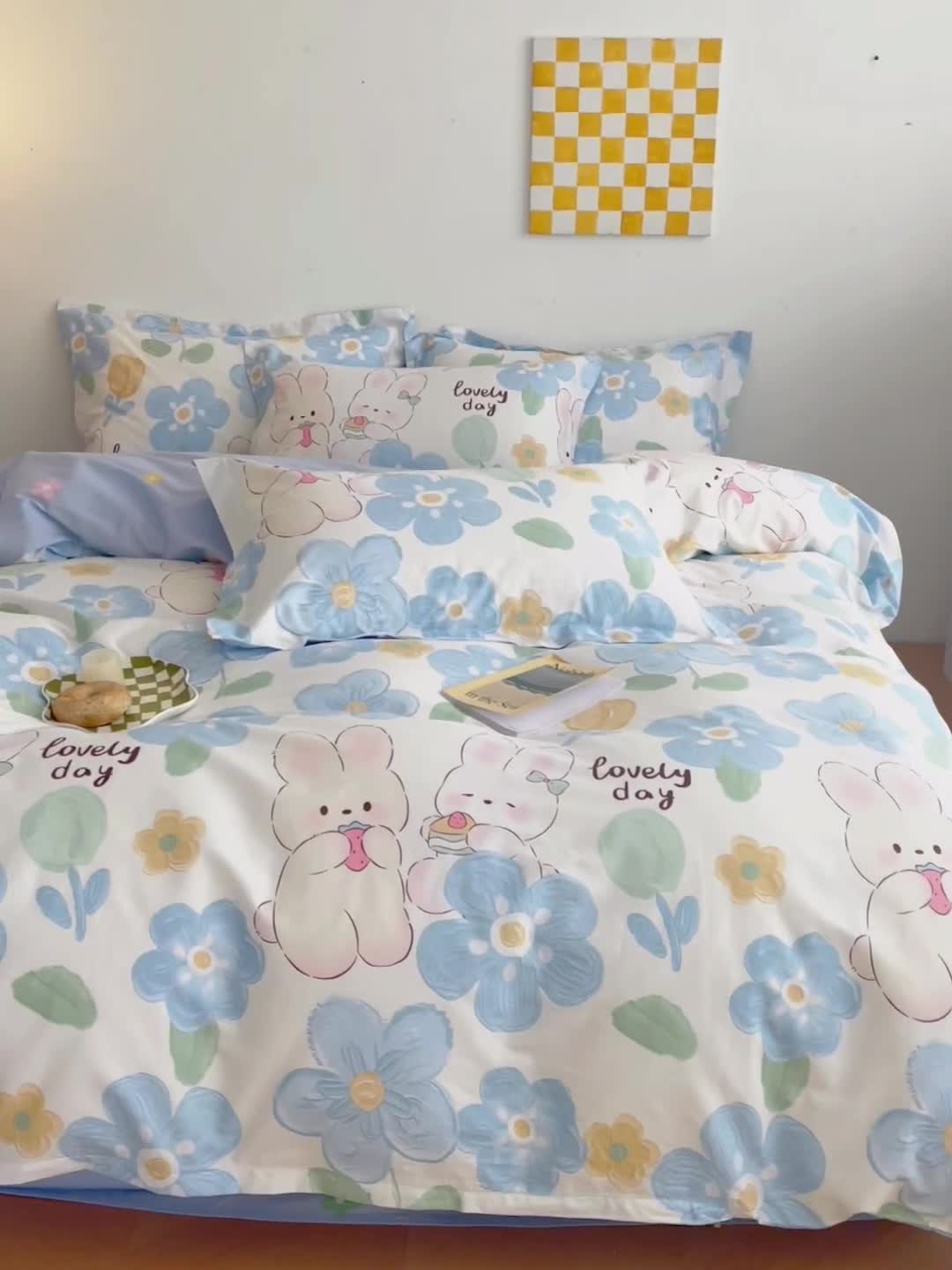 91家纺网 家纺一手货源 找家纺 盛馨家纺 全棉ins北欧风高支高密全棉喷气小清新纯棉四件套 花蓝兔