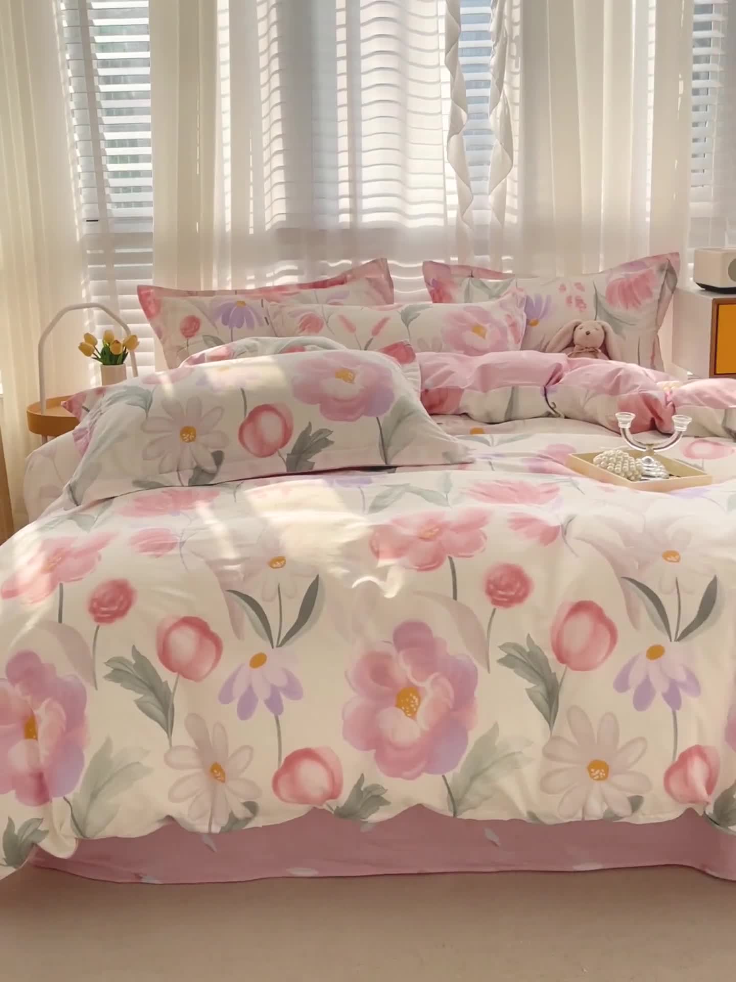 91家纺网 家纺一手货源 找家纺 盛馨家纺 全棉ins北欧风高支高密全棉喷气小清新纯棉四件套 花胥梦粉