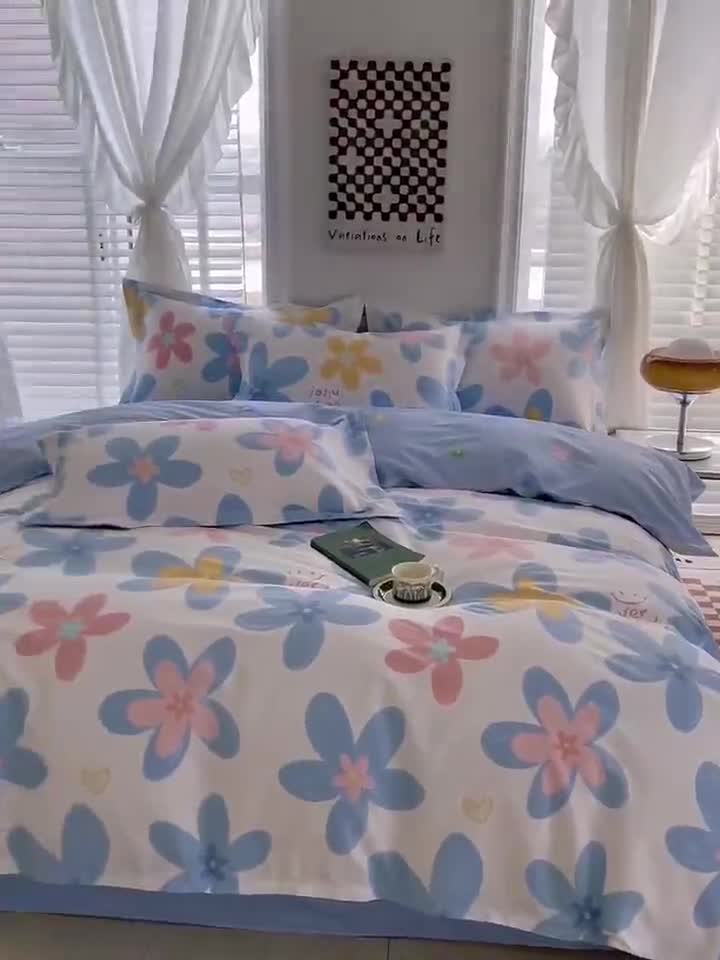 91家纺网 家纺一手货源 找家纺 盛馨家纺 全棉ins北欧风高支高密全棉喷气小清新纯棉四件套 花海蓝