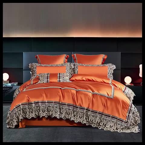 91家纺网 家纺一手货源 找家纺 缔缦 2023新款贝尔系列高端居家轻奢真丝棉四件套 贝尔-桔色