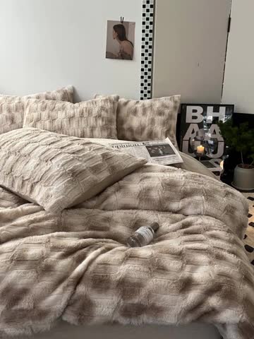 91家纺网 家纺一手货源 找家纺 金爱家 2023新款全消光牛奶绒獭兔毛绒四件套 兔毛绒-韵染咖