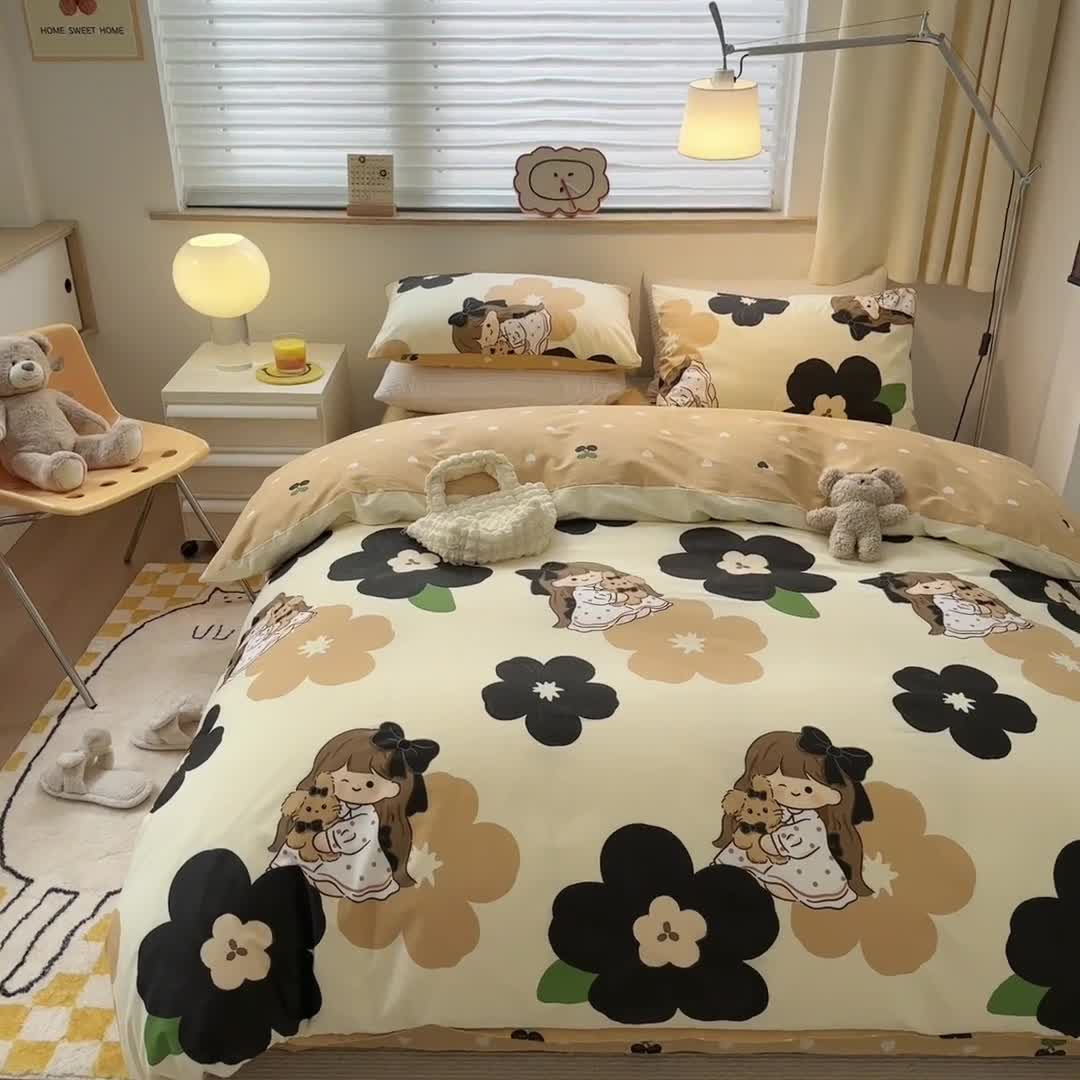 91家纺网 家纺一手货源 找家纺 优彩 2023新款13372全棉小清新卡通系列四件套 安娜