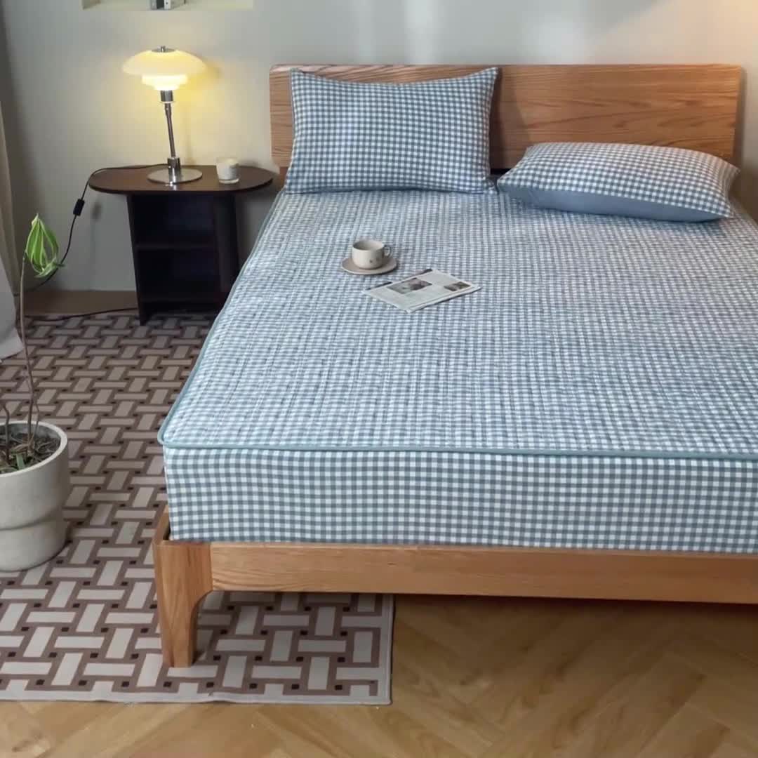 91家纺网 家纺一手货源 找家纺 蓝巢 2023新款全棉水洗棉大豆夹棉床笠 摩卡蓝小格