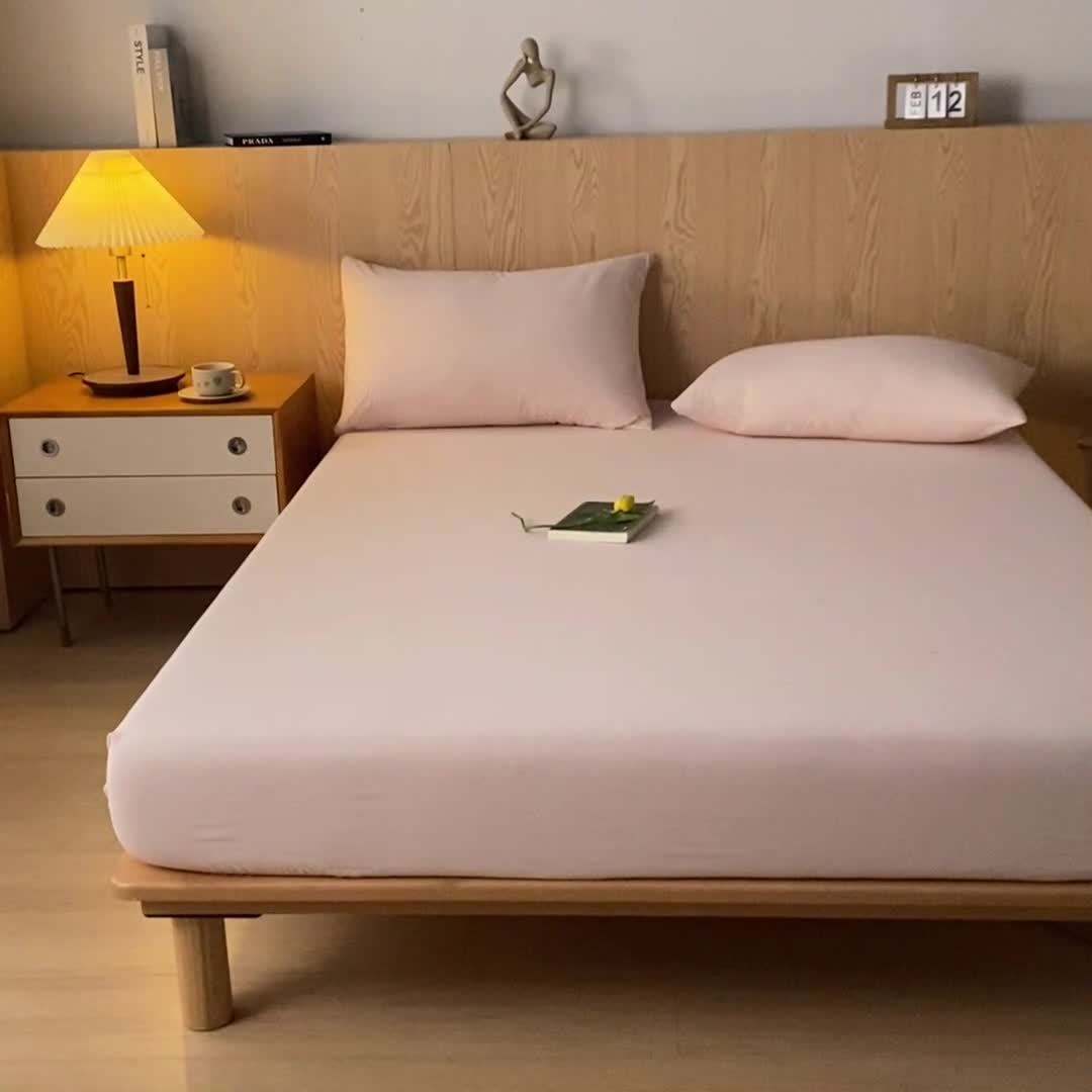 91家纺网 家纺一手货源 找家纺 蓝巢 2023新款全棉色织水洗棉系列单品床笠 奶油粉