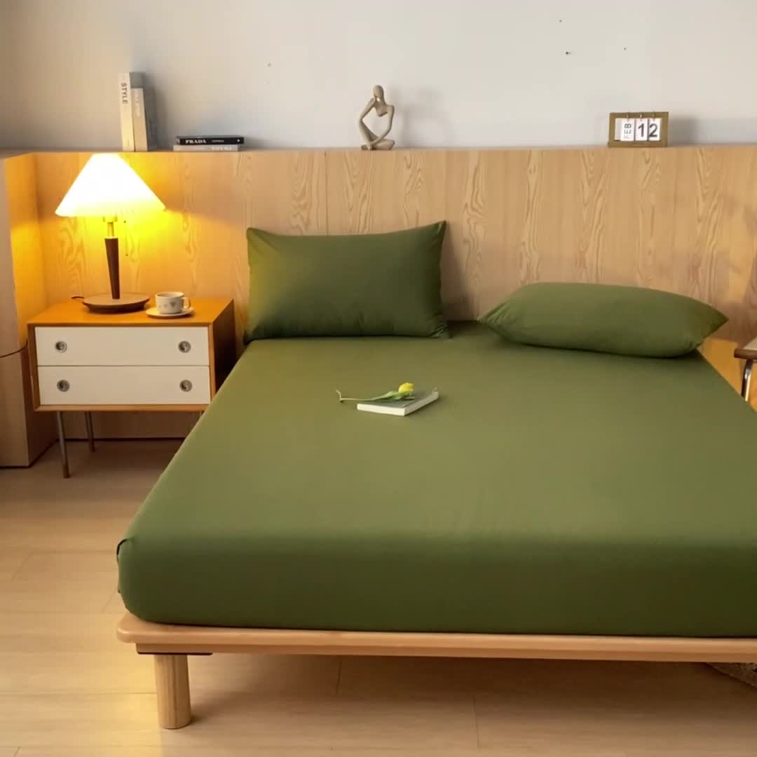 91家纺网 家纺一手货源 找家纺 蓝巢 2023新款全棉色织水洗棉系列单品床笠 松叶绿