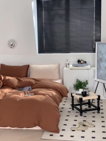 91家纺网 家纺一手货源 找家纺 六巷胡同 2023新款ins博主风三色混搭水洗棉四件套 混搭-栗子棕蜜桃