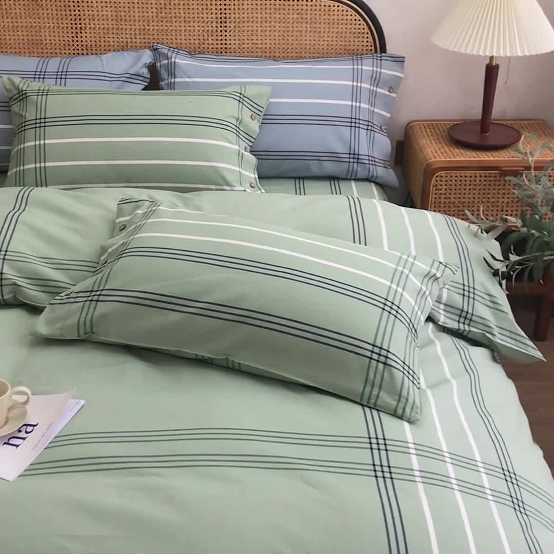 91家纺网 家纺一手货源 找家纺 首爱家纺 2025新款32支精梳棉老粗布四件套 大格-绿