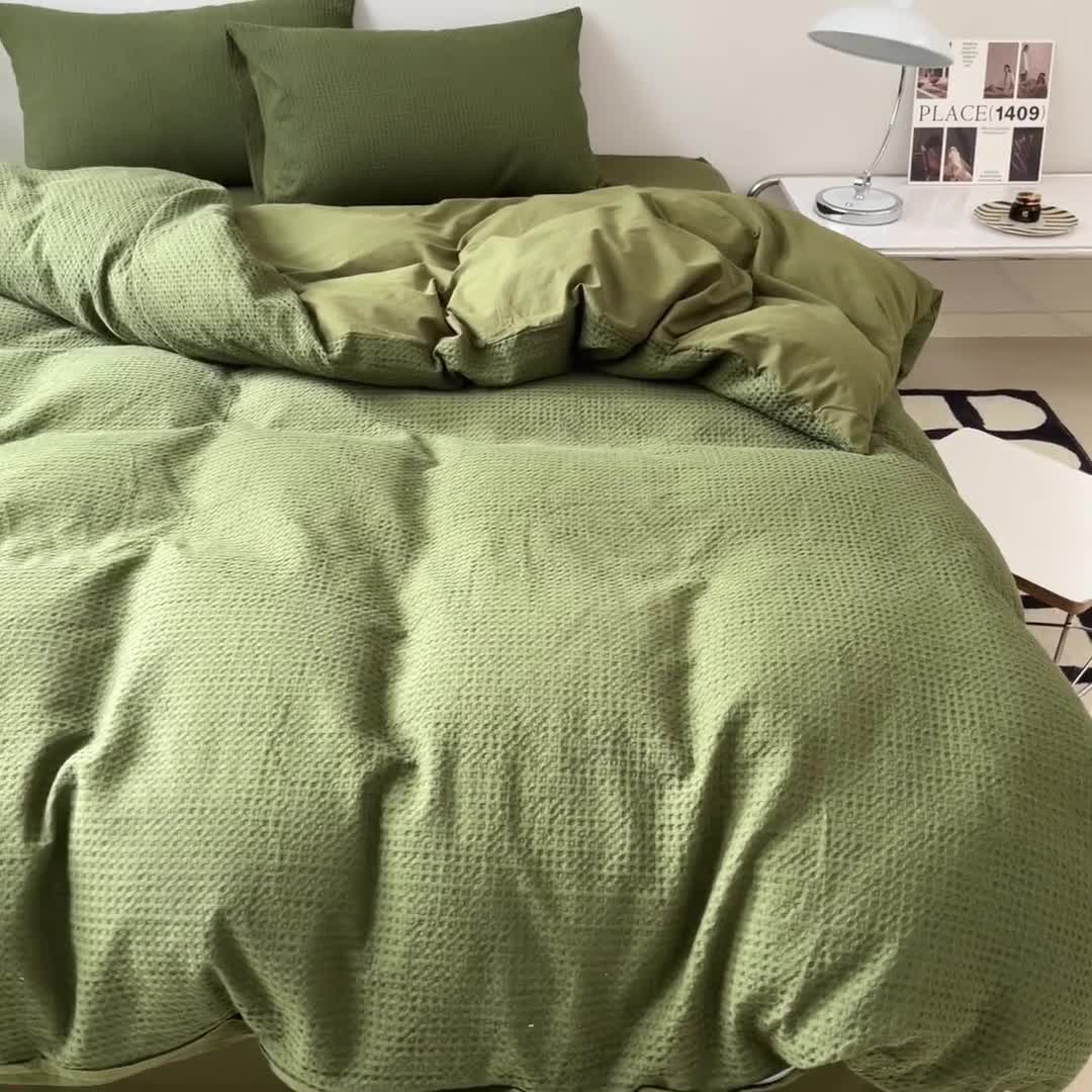 91家纺网 家纺一手货源 找家纺 雅居纺 2023新款全棉华夫格四件套 华夫格深绿
