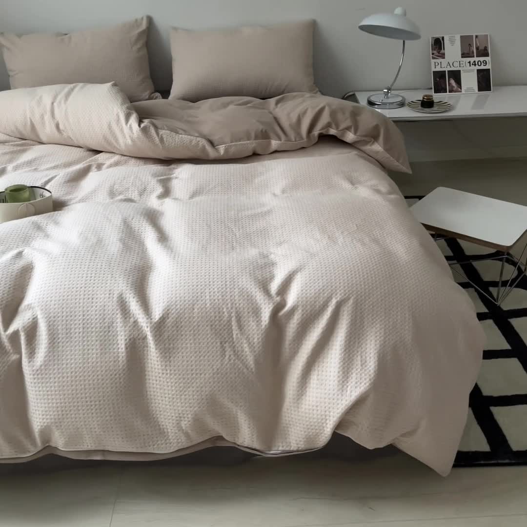 91家纺网 家纺一手货源 找家纺 雅居纺 2023新款全棉华夫格四件套 华夫格米驼