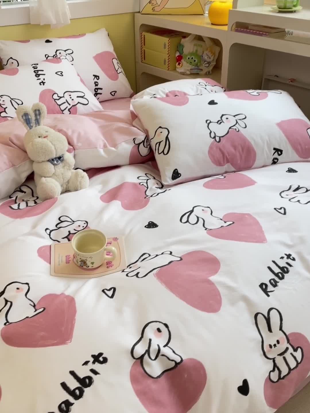91家纺网 家纺一手货源 找家纺 雅居纺 2023新款全棉13070小清新四件套 爱心小兔