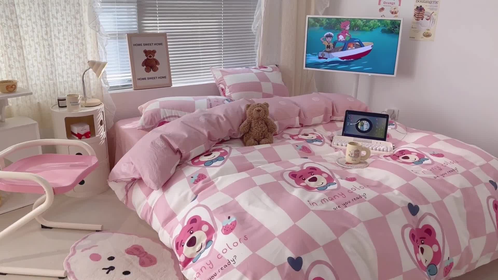 91家纺网 家纺一手货源 找家纺 昔可 2023新款全棉四件套 方块粉熊