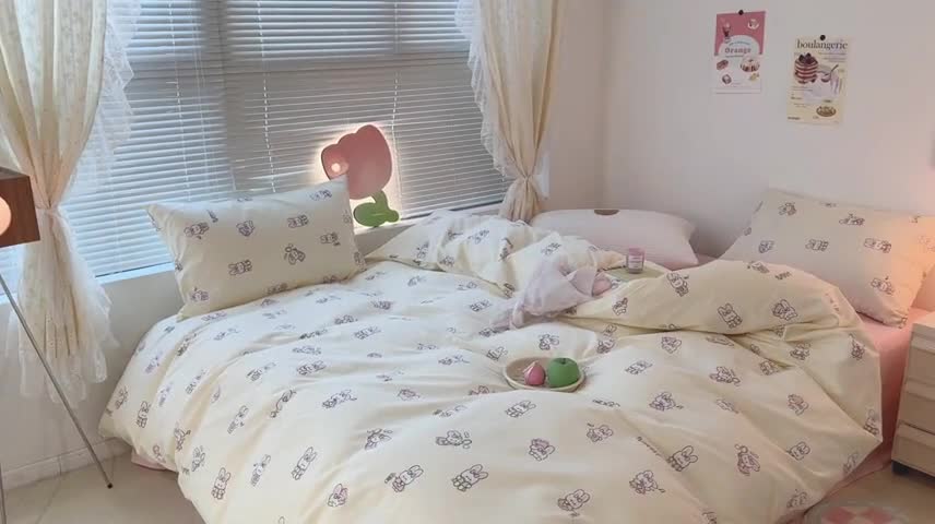 91家纺网 家纺一手货源 找家纺 昔可 2023新款可爱元气卧室新款全棉四件套 萌兔日常