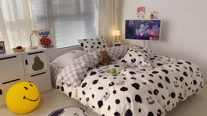 91家纺网 家纺一手货源 找家纺 昔可 2023新款全棉卡通系列四件套 奶牛笑脸熊