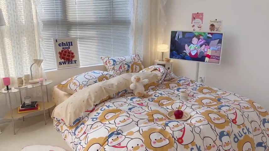 91家纺网 家纺一手货源 找家纺 昔可 2023新款全棉卡通系列四件套 黄色鸭鸭