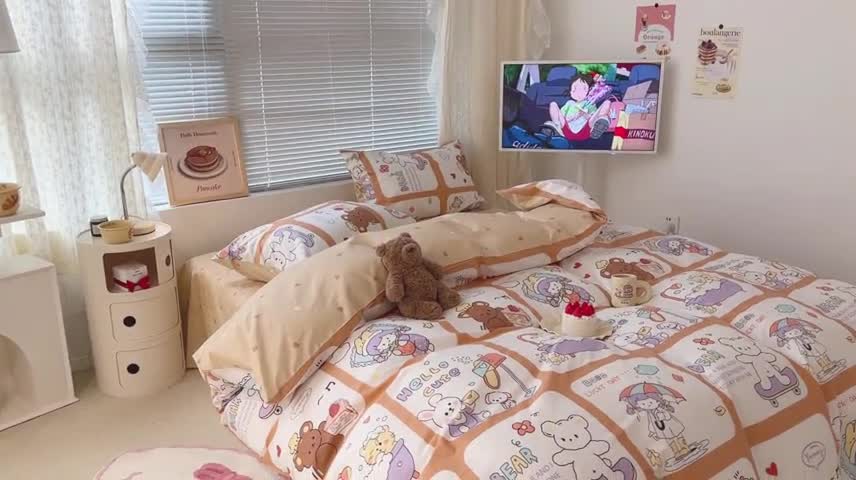 91家纺网 家纺一手货源 找家纺 昔可 2023新款全棉二次元卡通系列四件套 拼接女孩和熊