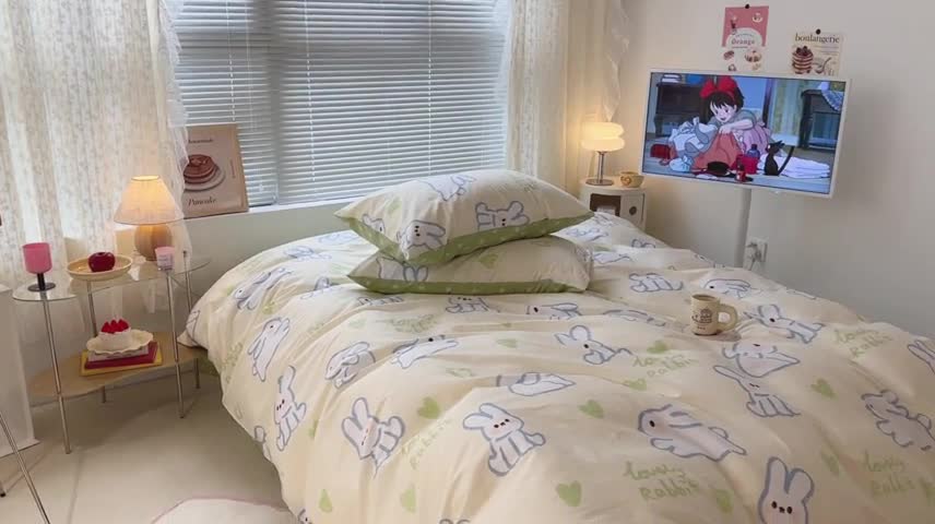 91家纺网 家纺一手货源 找家纺 昔可 2023新款全棉二次元卡通系列四件套 爱心兔黄底