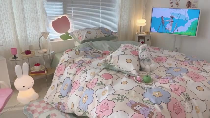 91家纺网 家纺一手货源 找家纺 昔可 2023新款全棉少女心系列四件套 花丛女孩