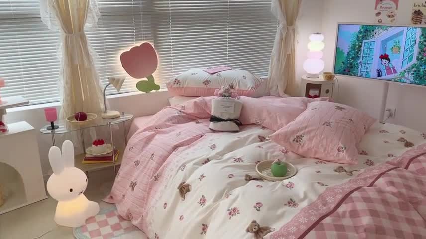 91家纺网 家纺一手货源 找家纺 昔可 2023新款全棉少女心系列四件套 玫瑰小熊