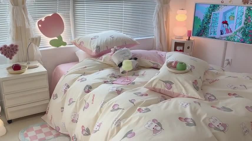 91家纺网 家纺一手货源 找家纺 昔可 2023新款全棉少女心系列四件套 软萌兔兔郁金