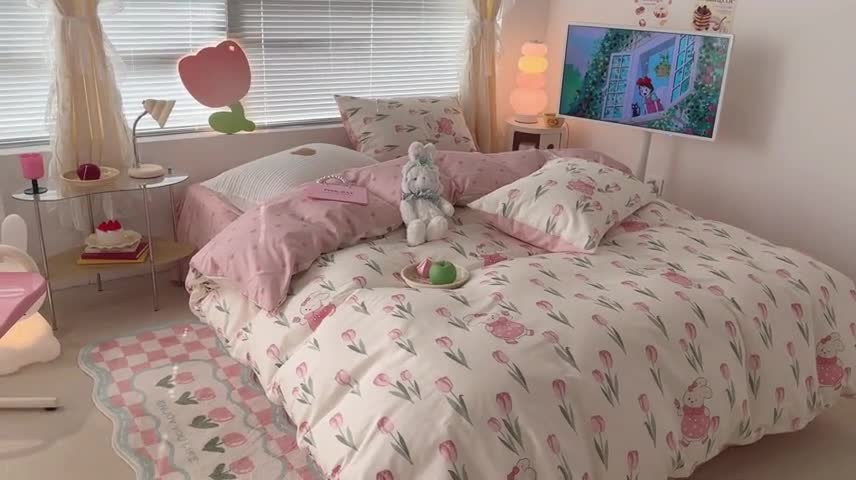 91家纺网 家纺一手货源 找家纺 昔可 2023新款全棉少女心系列四件套 春日花园兔