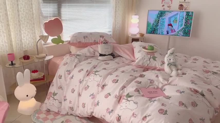 91家纺网 家纺一手货源 找家纺 昔可 2023新款全棉少女心系列四件套 粉玫瑰兔