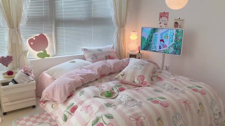 91家纺网 家纺一手货源 找家纺 昔可 2023新款全棉少女心系列四件套 粉条樱桃兔