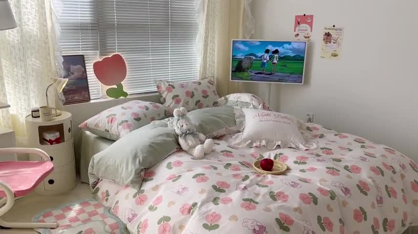 91家纺网 家纺一手货源 找家纺 昔可 2023新款全棉少女心系列四件套 爱心粉郁金安妮