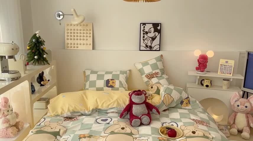 91家纺网 家纺一手货源 找家纺 昔可家纺 2023新款迪士尼系列全棉四件套 绿棋盘维尼