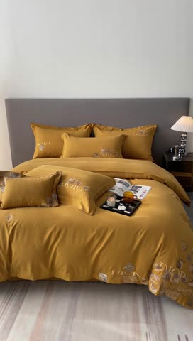 91家纺网 家纺一手货源 找家纺 棉生活家纺 2023新款水洗牛奶蛋白棉四件套 秋香黄