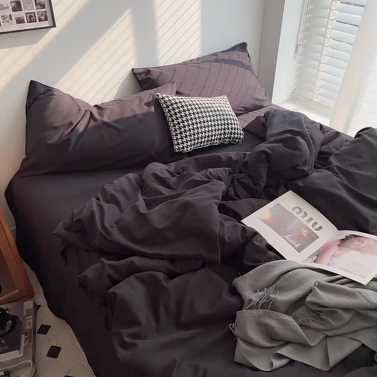 91家纺网 家纺一手货源 找家纺 优迈 新款纯色双拼水洗棉亲肤磨毛四件套-单被套枕套床笠纯黑