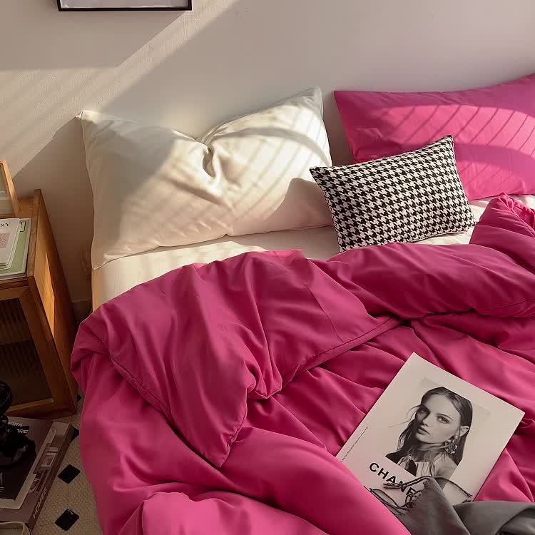 91家纺网 家纺一手货源 找家纺 优迈 新款纯色双拼水洗棉亲肤磨毛四件套-单被套枕套床笠慕斯玫瑰