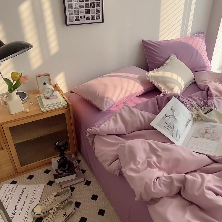91家纺网 家纺一手货源 找家纺 优迈 新款纯色双拼水洗棉亲肤磨毛四件套-单被套枕套床笠紫薯芋泥